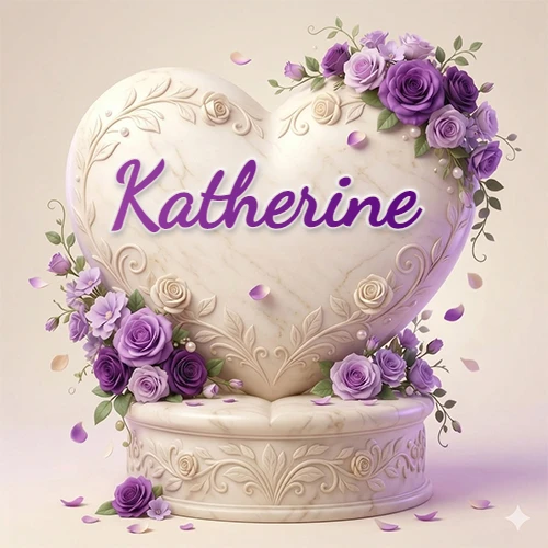 Una delicada escultura de mármol en forma de corazón blanco decorada con motivos clásicos, rodeada de orquídeas y elegantes rosas violetas de una manera artística y atractiva. El nombre Katherine está escrito en el diseño.