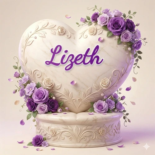 Una delicada escultura de mármol en forma de corazón blanco decorada con motivos clásicos, rodeada de orquídeas y elegantes rosas violetas de una manera artística y atractiva. El nombre Lizeth está escrito en el diseño.