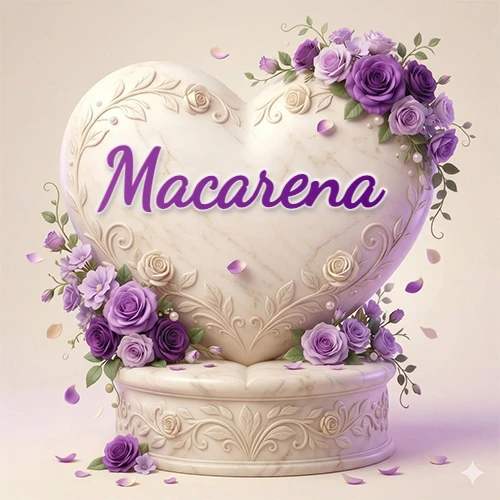 Una delicada escultura de mármol en forma de corazón blanco decorada con motivos clásicos, rodeada de orquídeas y elegantes rosas violetas de una manera artística y atractiva. El nombre Macarena está escrito en el diseño.