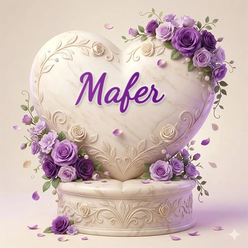 Una delicada escultura de mármol en forma de corazón blanco decorada con motivos clásicos, rodeada de orquídeas y elegantes rosas violetas de una manera artística y atractiva. El nombre Mafer está escrito en el diseño.