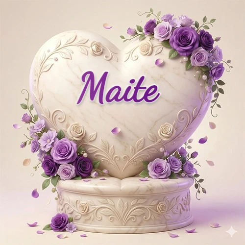 Una delicada escultura de mármol en forma de corazón blanco decorada con motivos clásicos, rodeada de orquídeas y elegantes rosas violetas de una manera artística y atractiva. El nombre Maite está escrito en el diseño.