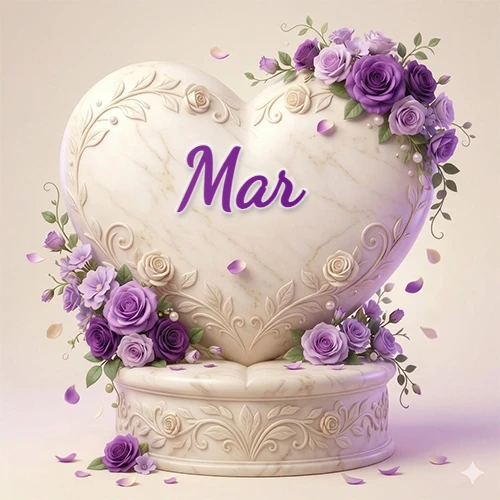 Una delicada escultura de mármol en forma de corazón blanco decorada con motivos clásicos, rodeada de orquídeas y elegantes rosas violetas de una manera artística y atractiva. El nombre Mar está escrito en el diseño.