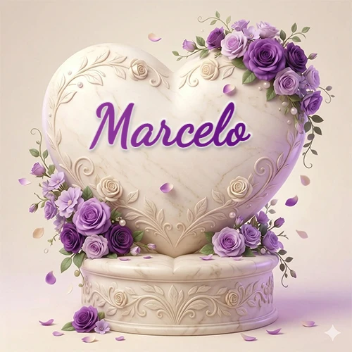 Una delicada escultura de mármol en forma de corazón blanco decorada con motivos clásicos, rodeada de orquídeas y elegantes rosas violetas de una manera artística y atractiva. El nombre Marcelo está escrito en el diseño. Una delicada escultura de mármol en forma de corazón blanco decorada con motivos clásicos, rodeada de orquídeas y elegantes rosas violetas de una manera artística y atractiva. El nombre Marcelo está escrito en el diseño.