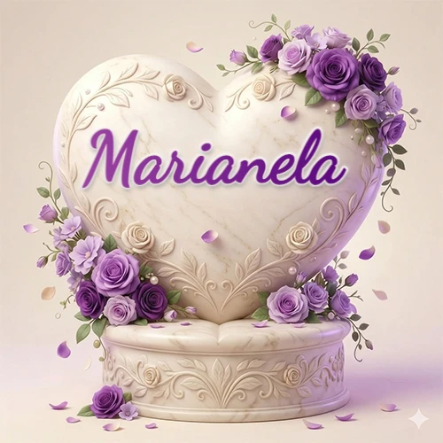 Una delicada escultura de mármol en forma de corazón blanco decorada con motivos clásicos, rodeada de orquídeas y elegantes rosas violetas de una manera artística y atractiva. El nombre Marianela está escrito en el diseño.
