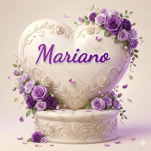 Una delicada escultura de mármol en forma de corazón blanco decorada con motivos clásicos, rodeada de orquídeas y elegantes rosas violetas de una manera artística y atractiva. El nombre Mariano está escrito en el diseño.