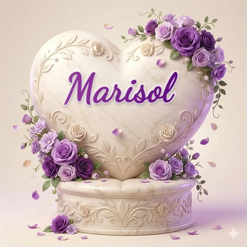 Una delicada escultura de mármol en forma de corazón blanco decorada con motivos clásicos, rodeada de orquídeas y elegantes rosas violetas de una manera artística y atractiva. El nombre Marisol está escrito en el diseño.