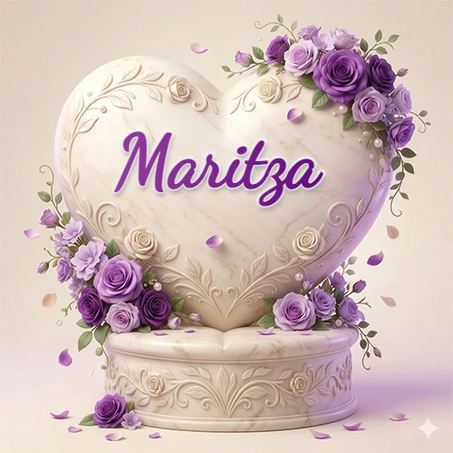 Una delicada escultura de mármol en forma de corazón blanco decorada con motivos clásicos, rodeada de orquídeas y elegantes rosas violetas de una manera artística y atractiva. El nombre Maritza está escrito en el diseño.