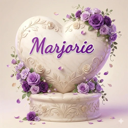 Una delicada escultura de mármol en forma de corazón blanco decorada con motivos clásicos, rodeada de orquídeas y elegantes rosas violetas de una manera artística y atractiva. El nombre Marjorie está escrito en el diseño.