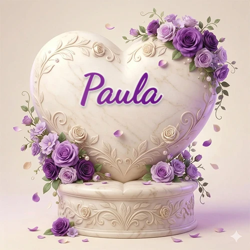 Una delicada escultura de mármol en forma de corazón blanco decorada con motivos clásicos, rodeada de orquídeas y elegantes rosas violetas de una manera artística y atractiva. El nombre Paula está escrito en el diseño.