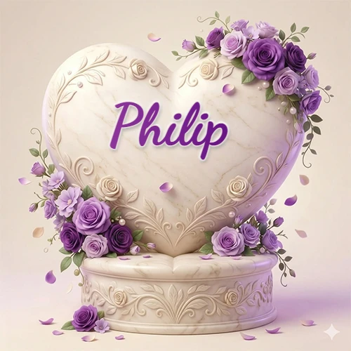 Una delicada escultura de mármol en forma de corazón blanco decorada con motivos clásicos, rodeada de orquídeas y elegantes rosas violetas de una manera artística y atractiva. El nombre Philip está escrito en el diseño.