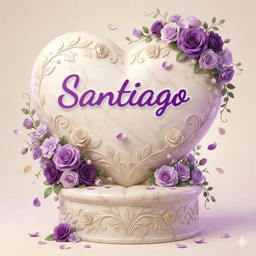 Una delicada escultura de mármol en forma de corazón blanco decorada con motivos clásicos, rodeada de orquídeas y elegantes rosas violetas de una manera artística y atractiva. El nombre Santiago está escrito en el diseño.