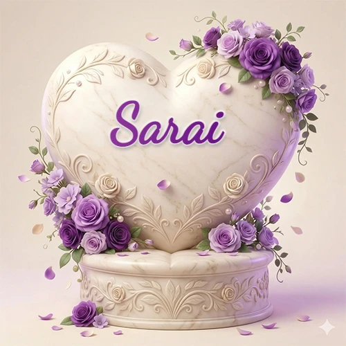 Una delicada escultura de mármol en forma de corazón blanco decorada con motivos clásicos, rodeada de orquídeas y elegantes rosas violetas de una manera artística y atractiva. El nombre Sarai está escrito en el diseño. Una delicada escultura de mármol en forma de corazón blanco decorada con motivos clásicos, rodeada de orquídeas y elegantes rosas violetas de una manera artística y atractiva. El nombre Sarai está escrito en el diseño.