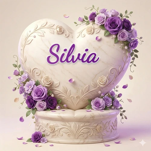 Una delicada escultura de mármol en forma de corazón blanco decorada con motivos clásicos, rodeada de orquídeas y elegantes rosas violetas de una manera artística y atractiva. El nombre Silvia está escrito en el diseño.