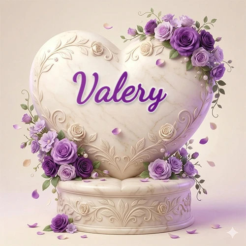 Una delicada escultura de mármol en forma de corazón blanco decorada con motivos clásicos, rodeada de orquídeas y elegantes rosas violetas de una manera artística y atractiva. El nombre Valery está escrito en el diseño.