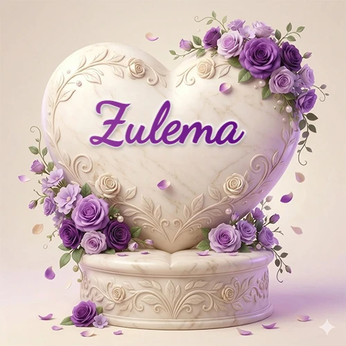 Una delicada escultura de mármol en forma de corazón blanco decorada con motivos clásicos, rodeada de orquídeas y elegantes rosas violetas de una manera artística y atractiva. El nombre Zulema está escrito en el diseño. Una delicada escultura de mármol en forma de corazón blanco decorada con motivos clásicos, rodeada de orquídeas y elegantes rosas violetas de una manera artística y atractiva. El nombre Zulema está escrito en el diseño.