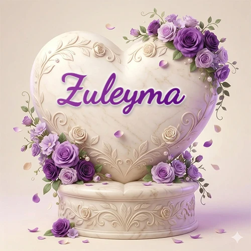 Una delicada escultura de mármol en forma de corazón blanco decorada con motivos clásicos, rodeada de orquídeas y elegantes rosas violetas de una manera artística y atractiva. El nombre Zuleyma está escrito en el diseño.