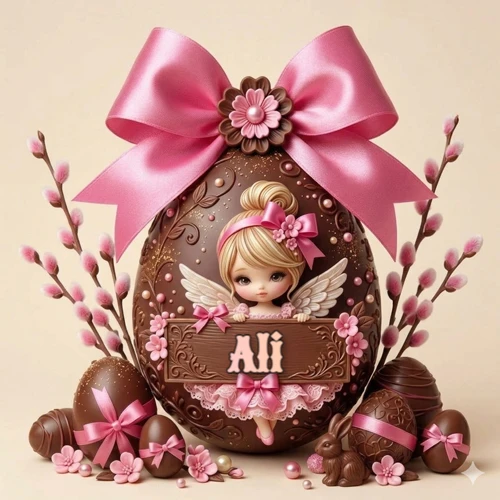 Un gran huevo de chocolate decorado con un enorme lazo rosa y en su interior un pequeño muñeco, rodeado de flores primaverales y chispas de chocolate en un lindo ambiente festivo. El nombre Ali está escrito en el diseño.