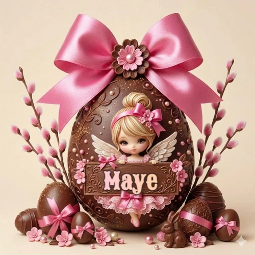 Un gran huevo de chocolate decorado con un enorme lazo rosa y en su interior un pequeño muñeco, rodeado de flores primaverales y chispas de chocolate en un lindo ambiente festivo. El nombre Maye está escrito en el diseño.