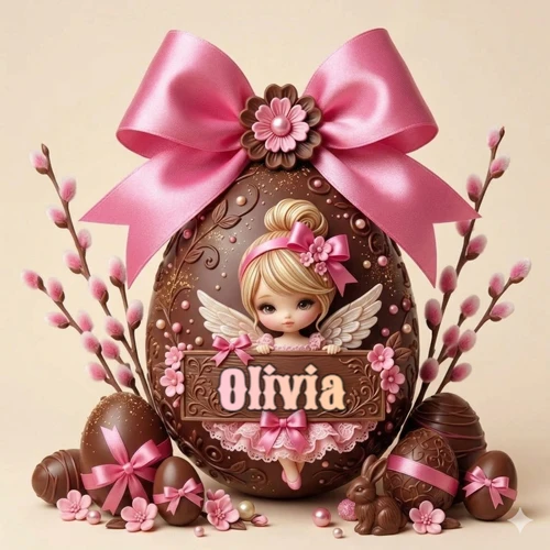 Un gran huevo de chocolate decorado con un enorme lazo rosa y en su interior un pequeño muñeco, rodeado de flores primaverales y chispas de chocolate en un lindo ambiente festivo. El nombre Olivia está escrito en el diseño. Un gran huevo de chocolate decorado con un enorme lazo rosa y en su interior un pequeño muñeco, rodeado de flores primaverales y chispas de chocolate en un lindo ambiente festivo. El nombre Olivia está escrito en el diseño.