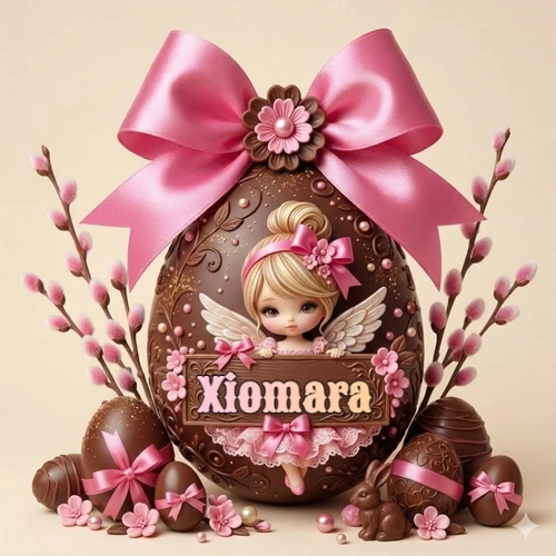 Un gran huevo de chocolate decorado con un enorme lazo rosa y en su interior un pequeño muñeco, rodeado de flores primaverales y chispas de chocolate en un lindo ambiente festivo. El nombre Xiomara está escrito en el diseño.