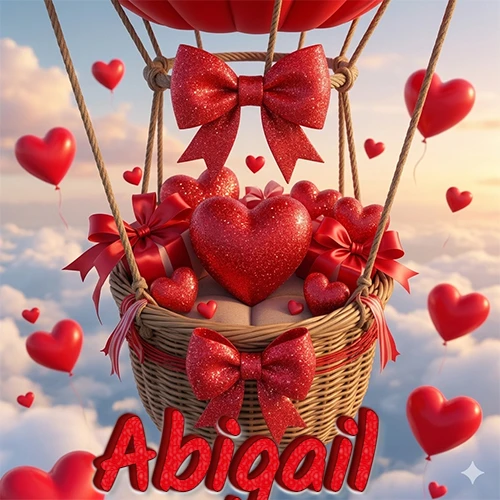 Una canasta de globo aerostático de madera volando en el cielo entre las nubes, cargada de grandes corazones rojos y regalos envueltos con lazos brillantes que expresan libertad y amor. El nombre Abigail está escrito en el diseño. Una canasta de globo aerostático de madera volando en el cielo entre las nubes, cargada de grandes corazones rojos y regalos envueltos con lazos brillantes que expresan libertad y amor. El nombre Abigail está escrito en el diseño.