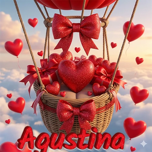 Una canasta de globo aerostático de madera volando en el cielo entre las nubes, cargada de grandes corazones rojos y regalos envueltos con lazos brillantes que expresan libertad y amor. El nombre Agustina está escrito en el diseño. Una canasta de globo aerostático de madera volando en el cielo entre las nubes, cargada de grandes corazones rojos y regalos envueltos con lazos brillantes que expresan libertad y amor. El nombre Agustina está escrito en el diseño.