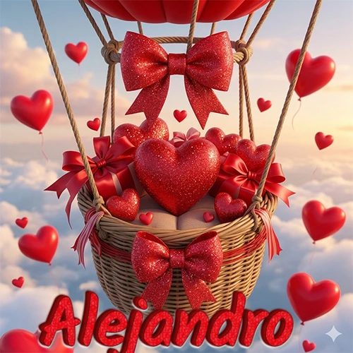 Una canasta de globo aerostático de madera volando en el cielo entre las nubes, cargada de grandes corazones rojos y regalos envueltos con lazos brillantes que expresan libertad y amor. El nombre Alejandro está escrito en el diseño.