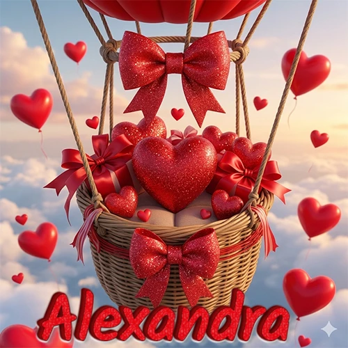Una canasta de globo aerostático de madera volando en el cielo entre las nubes, cargada de grandes corazones rojos y regalos envueltos con lazos brillantes que expresan libertad y amor. El nombre Alexandra está escrito en el diseño.