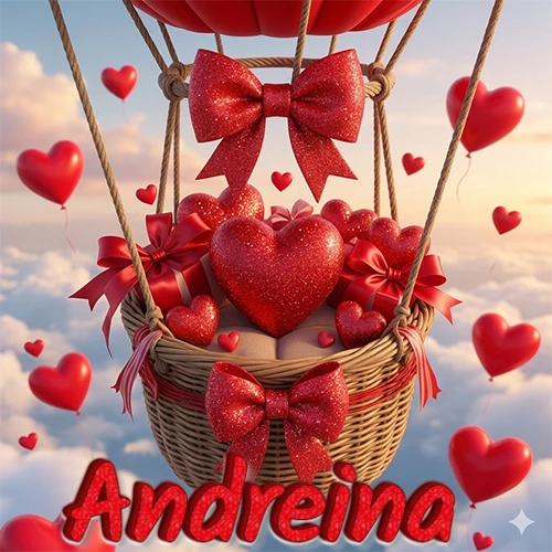 Una canasta de globo aerostático de madera volando en el cielo entre las nubes, cargada de grandes corazones rojos y regalos envueltos con lazos brillantes que expresan libertad y amor. El nombre Andreina está escrito en el diseño.