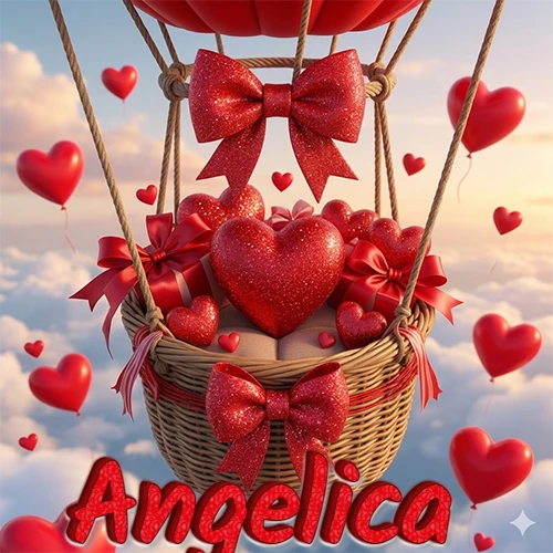 Una canasta de globo aerostático de madera volando en el cielo entre las nubes, cargada de grandes corazones rojos y regalos envueltos con lazos brillantes que expresan libertad y amor. El nombre Angelica está escrito en el diseño.