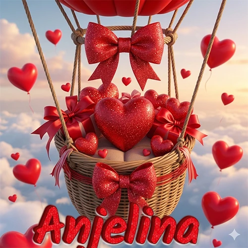 Una canasta de globo aerostático de madera volando en el cielo entre las nubes, cargada de grandes corazones rojos y regalos envueltos con lazos brillantes que expresan libertad y amor. El nombre Anjelina está escrito en el diseño.
