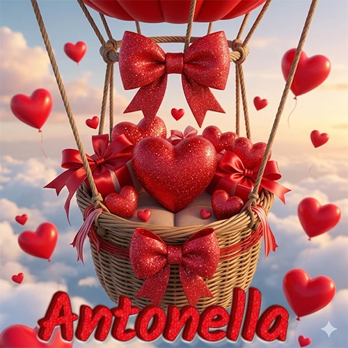 Una canasta de globo aerostático de madera volando en el cielo entre las nubes, cargada de grandes corazones rojos y regalos envueltos con lazos brillantes que expresan libertad y amor. El nombre Antonella está escrito en el diseño.