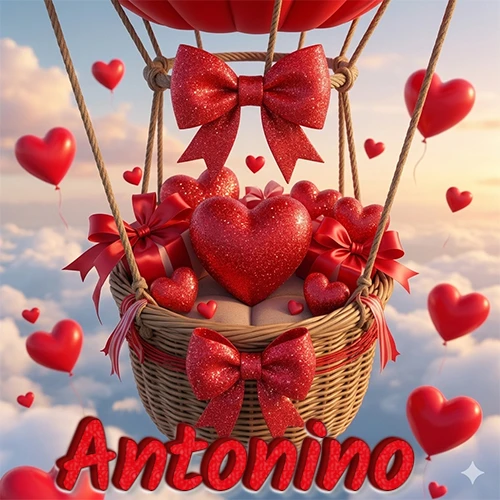 Una canasta de globo aerostático de madera volando en el cielo entre las nubes, cargada de grandes corazones rojos y regalos envueltos con lazos brillantes que expresan libertad y amor. El nombre Antonino está escrito en el diseño. Una canasta de globo aerostático de madera volando en el cielo entre las nubes, cargada de grandes corazones rojos y regalos envueltos con lazos brillantes que expresan libertad y amor. El nombre Antonino está escrito en el diseño.