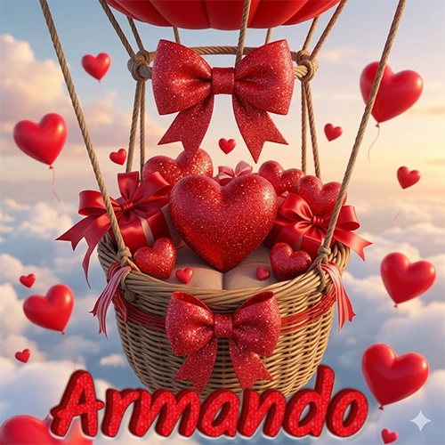 Una canasta de globo aerostático de madera volando en el cielo entre las nubes, cargada de grandes corazones rojos y regalos envueltos con lazos brillantes que expresan libertad y amor. El nombre Armando está escrito en el diseño.
