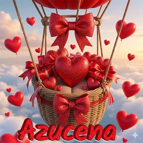 Una canasta de globo aerostático de madera volando en el cielo entre las nubes, cargada de grandes corazones rojos y regalos envueltos con lazos brillantes que expresan libertad y amor. El nombre Azucena está escrito en el diseño.