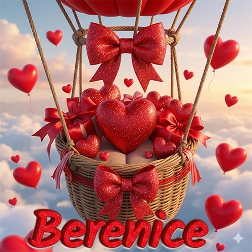 Una canasta de globo aerostático de madera volando en el cielo entre las nubes, cargada de grandes corazones rojos y regalos envueltos con lazos brillantes que expresan libertad y amor. El nombre Berenice está escrito en el diseño.