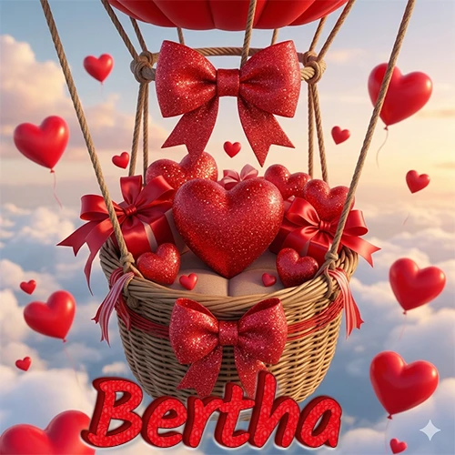 Una canasta de globo aerostático de madera volando en el cielo entre las nubes, cargada de grandes corazones rojos y regalos envueltos con lazos brillantes que expresan libertad y amor. El nombre Bertha está escrito en el diseño.