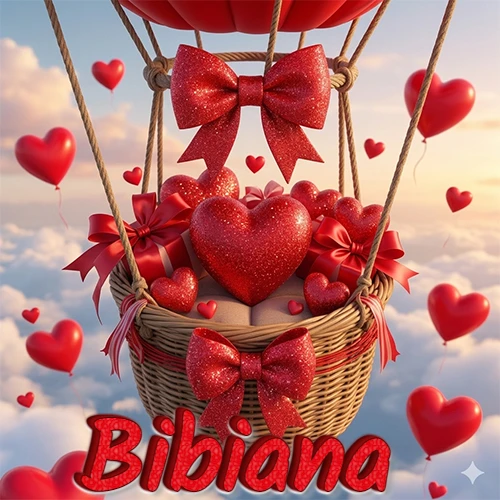 Una canasta de globo aerostático de madera volando en el cielo entre las nubes, cargada de grandes corazones rojos y regalos envueltos con lazos brillantes que expresan libertad y amor. El nombre Bibiana está escrito en el diseño. Una canasta de globo aerostático de madera volando en el cielo entre las nubes, cargada de grandes corazones rojos y regalos envueltos con lazos brillantes que expresan libertad y amor. El nombre Bibiana está escrito en el diseño.