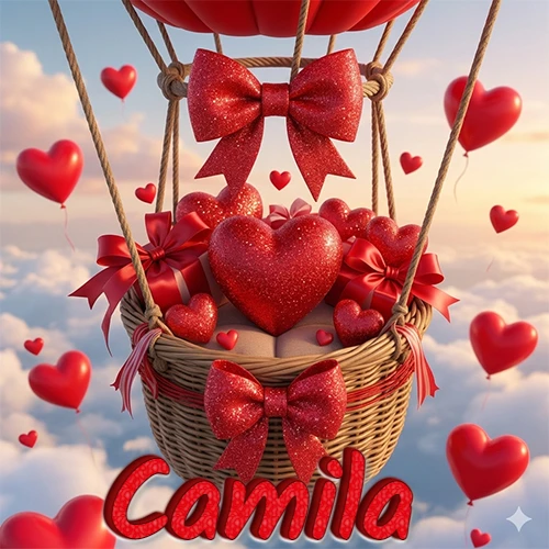 Una canasta de globo aerostático de madera volando en el cielo entre las nubes, cargada de grandes corazones rojos y regalos envueltos con lazos brillantes que expresan libertad y amor. El nombre Camila está escrito en el diseño.