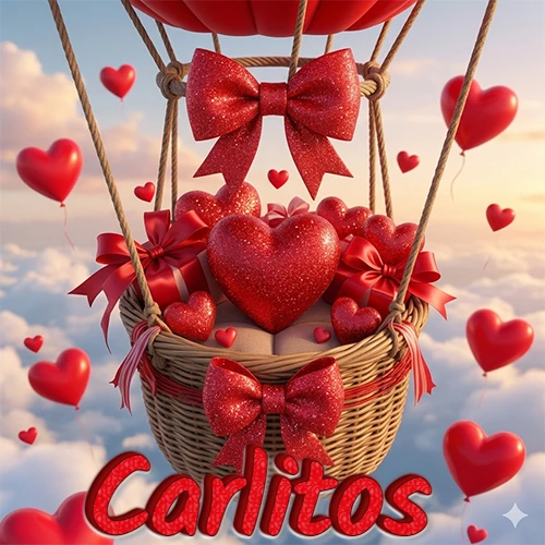 Una canasta de globo aerostático de madera volando en el cielo entre las nubes, cargada de grandes corazones rojos y regalos envueltos con lazos brillantes que expresan libertad y amor. El nombre Carlitos está escrito en el diseño.