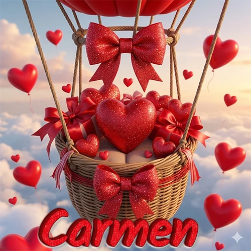 Una canasta de globo aerostático de madera volando en el cielo entre las nubes, cargada de grandes corazones rojos y regalos envueltos con lazos brillantes que expresan libertad y amor. El nombre Carmen está escrito en el diseño.