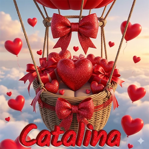 Una canasta de globo aerostático de madera volando en el cielo entre las nubes, cargada de grandes corazones rojos y regalos envueltos con lazos brillantes que expresan libertad y amor. El nombre Catalina está escrito en el diseño.