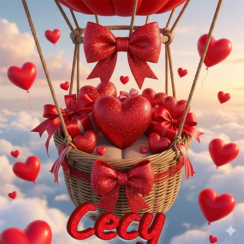 Una canasta de globo aerostático de madera volando en el cielo entre las nubes, cargada de grandes corazones rojos y regalos envueltos con lazos brillantes que expresan libertad y amor. El nombre Cecy está escrito en el diseño.
