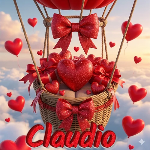 Una canasta de globo aerostático de madera volando en el cielo entre las nubes, cargada de grandes corazones rojos y regalos envueltos con lazos brillantes que expresan libertad y amor. El nombre Claudio está escrito en el diseño.