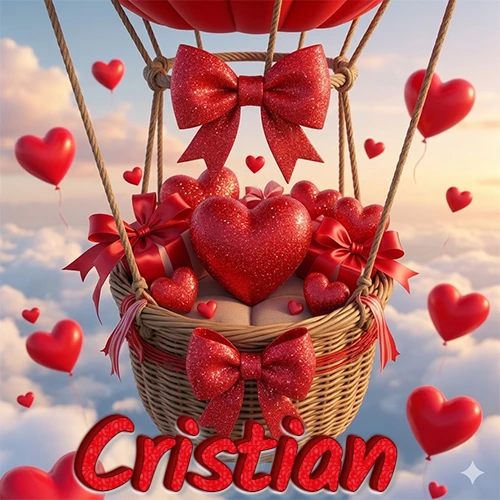 Una canasta de globo aerostático de madera volando en el cielo entre las nubes, cargada de grandes corazones rojos y regalos envueltos con lazos brillantes que expresan libertad y amor. El nombre Cristian está escrito en el diseño. Una canasta de globo aerostático de madera volando en el cielo entre las nubes, cargada de grandes corazones rojos y regalos envueltos con lazos brillantes que expresan libertad y amor. El nombre Cristian está escrito en el diseño.