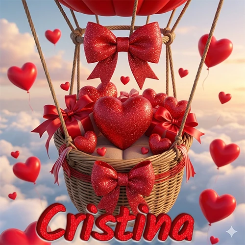 Una canasta de globo aerostático de madera volando en el cielo entre las nubes, cargada de grandes corazones rojos y regalos envueltos con lazos brillantes que expresan libertad y amor. El nombre Cristina está escrito en el diseño.