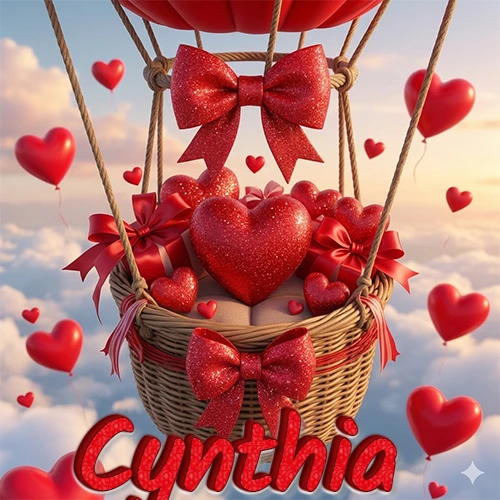 Una canasta de globo aerostático de madera volando en el cielo entre las nubes, cargada de grandes corazones rojos y regalos envueltos con lazos brillantes que expresan libertad y amor. El nombre Cynthia está escrito en el diseño.