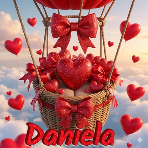 Una canasta de globo aerostático de madera volando en el cielo entre las nubes, cargada de grandes corazones rojos y regalos envueltos con lazos brillantes que expresan libertad y amor. El nombre Daniela está escrito en el diseño.