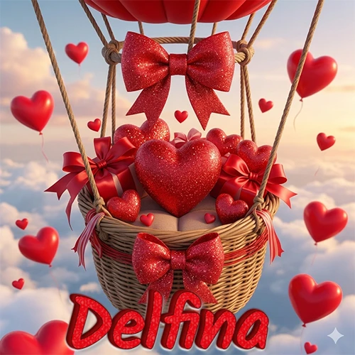 Una canasta de globo aerostático de madera volando en el cielo entre las nubes, cargada de grandes corazones rojos y regalos envueltos con lazos brillantes que expresan libertad y amor. El nombre Delfina está escrito en el diseño.
