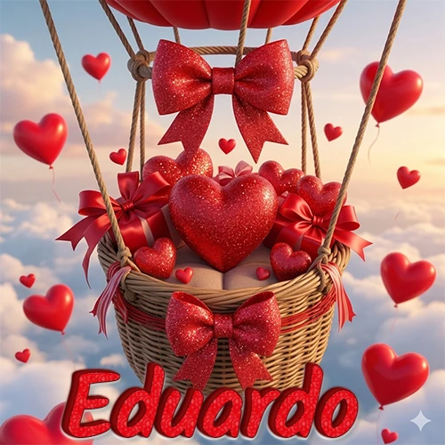 Una canasta de globo aerostático de madera volando en el cielo entre las nubes, cargada de grandes corazones rojos y regalos envueltos con lazos brillantes que expresan libertad y amor. El nombre Eduardo está escrito en el diseño. Una canasta de globo aerostático de madera volando en el cielo entre las nubes, cargada de grandes corazones rojos y regalos envueltos con lazos brillantes que expresan libertad y amor. El nombre Eduardo está escrito en el diseño.